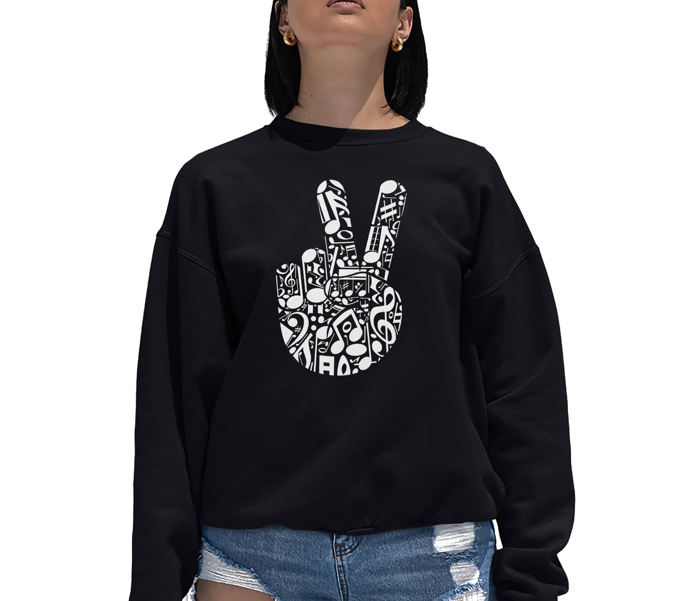Peace Finger Notes - Womens Word Art Crewneck Sweatshirt