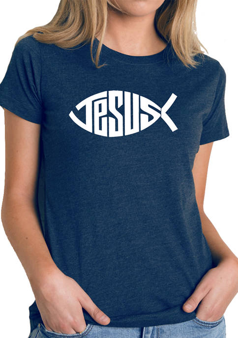 Womens Premium Blend Word Art Graphic T-Shirt - Christian Jesus Name Fish Symbol
