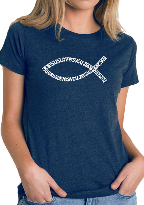 Womens Premium Blend Word Art Graphic T-Shirt - Jesus Loves You