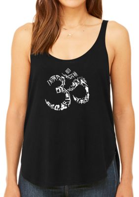 LA Pop Art Women's Premium Word Art Flowy Tank Top- The Om Symbol out of Yoga Poses, Black, Medium