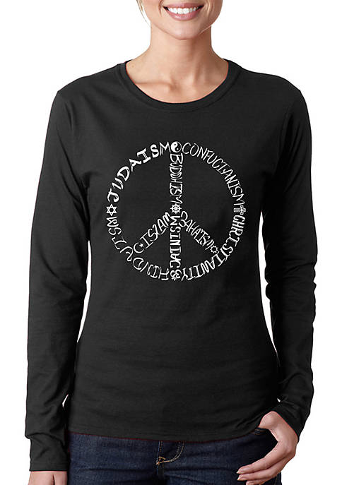 Word Art Long Sleeve T-Shirt - Different Faiths Peace Sign