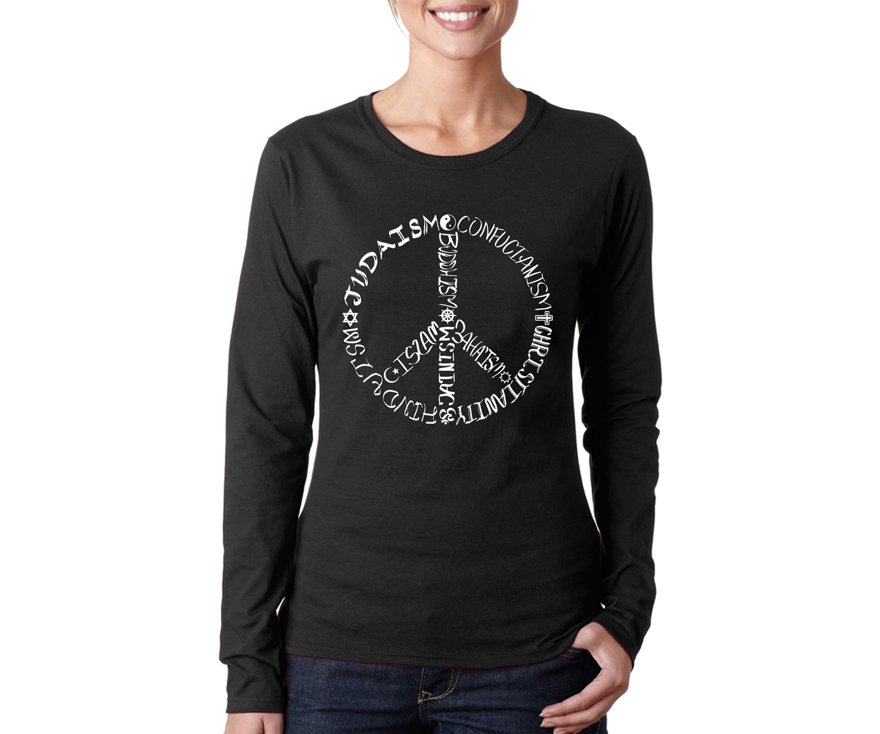 Word Art Long Sleeve T-Shirt - Different Faiths Peace Sign