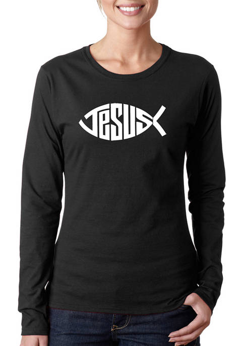 Womens Word Art Long Sleeve T-Shirt - Christian Jesus Name Fish Symbol