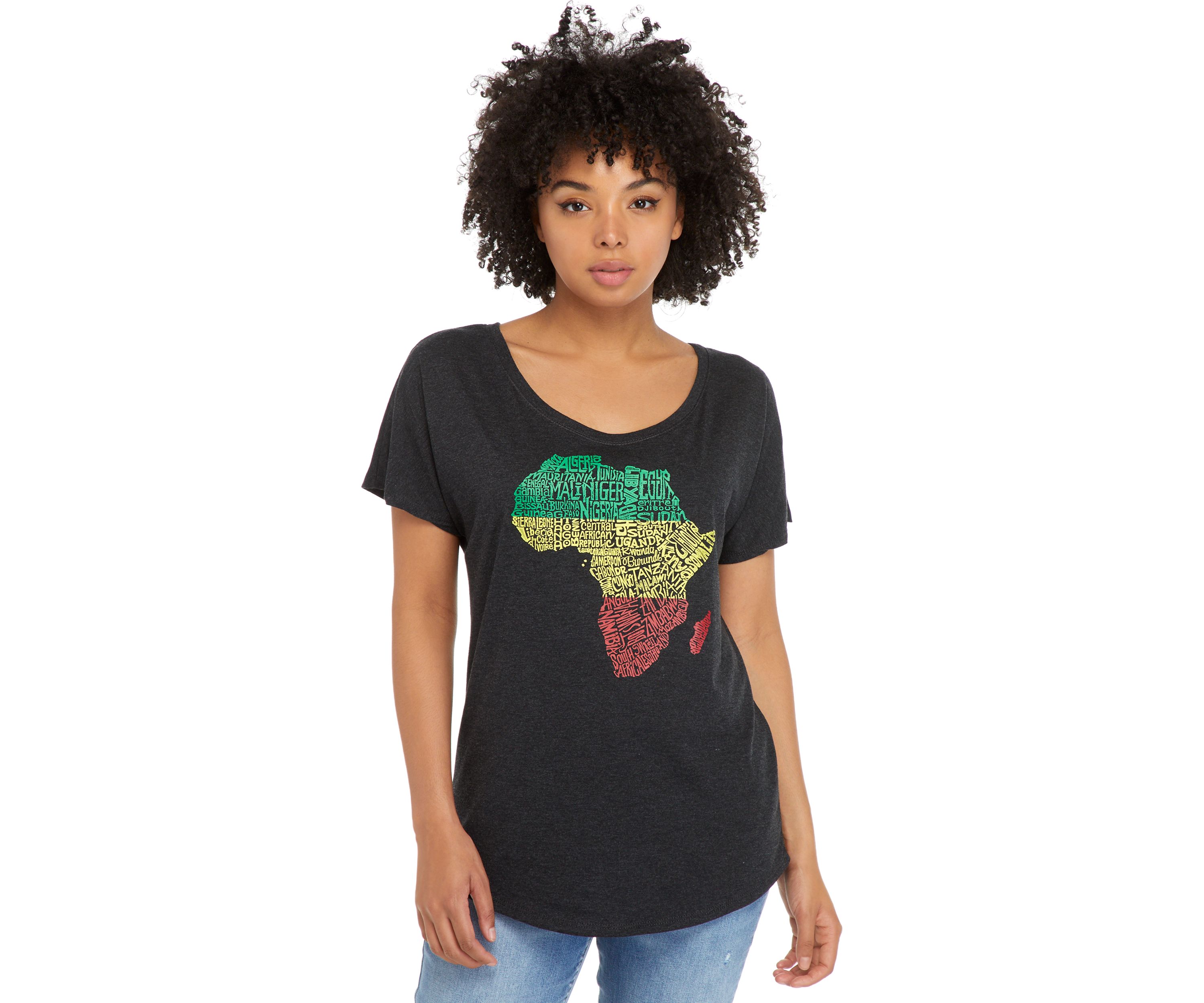 Womens Loose Fit Dolman Cut Word Art Graphic Shirt - Countries in Africa
