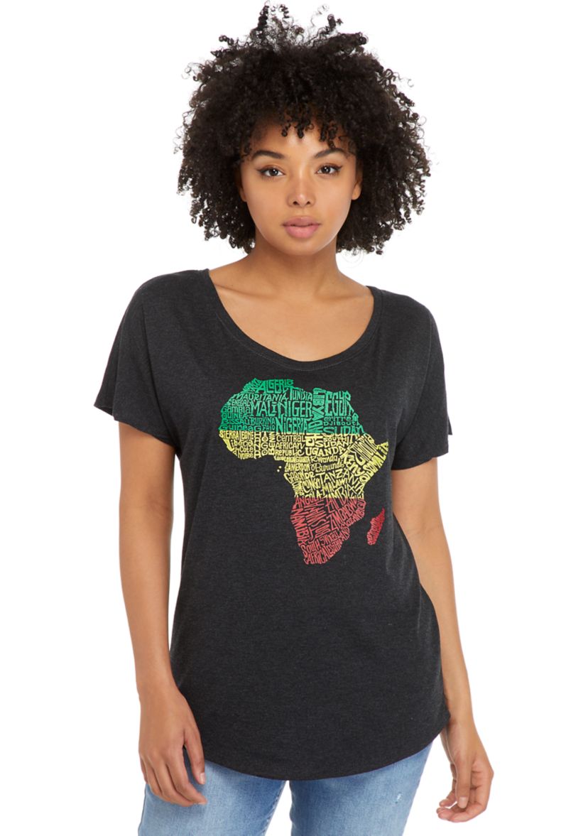Womens Loose Fit Dolman Cut Word Art Graphic Shirt - Countries in Africa