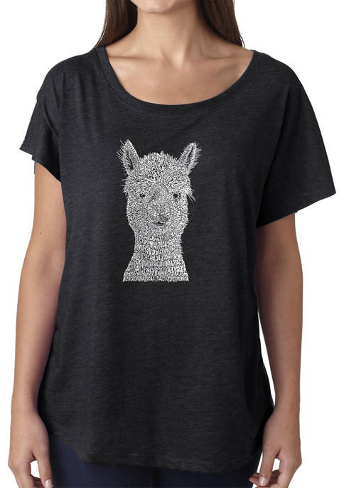 Womens Loose Fit Dolman Cut Word Art Graphic Shirt - Alpaca