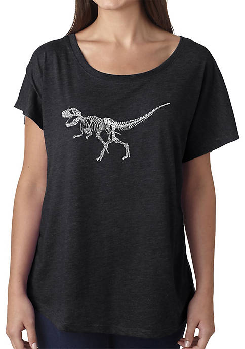 Loose Fit Dolman Cut Word Art Shirt - Dinosaur T-Rex Skeleton