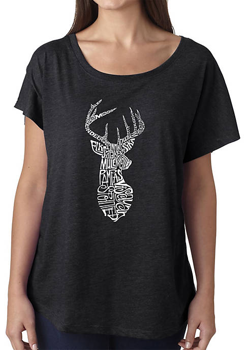 Loose Fit Dolman Cut Word Art Shirt - Types of Deer