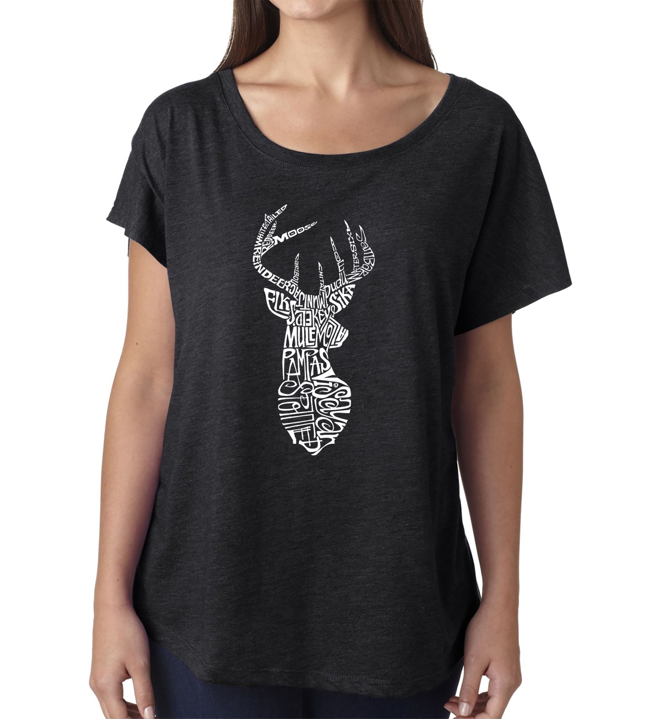 Loose Fit Dolman Cut Word Art Shirt - Types of Deer