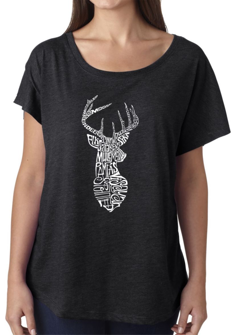 Loose Fit Dolman Cut Word Art Shirt - Types of Deer