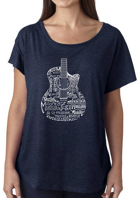 Womens Loose Fit Dolman Cut Word Art Graphic Shirt - Languages Guitar