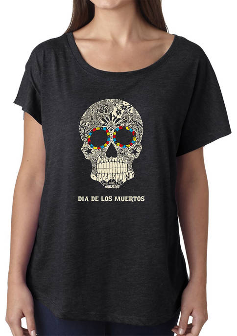 Womens Loose Fit Dolman Cut Word Art Graphic Shirt - Día de los Muertos