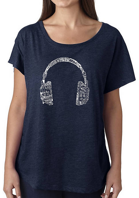 Loose Fit Dolman Cut Word Art T-Shirt - Headphones - Languages