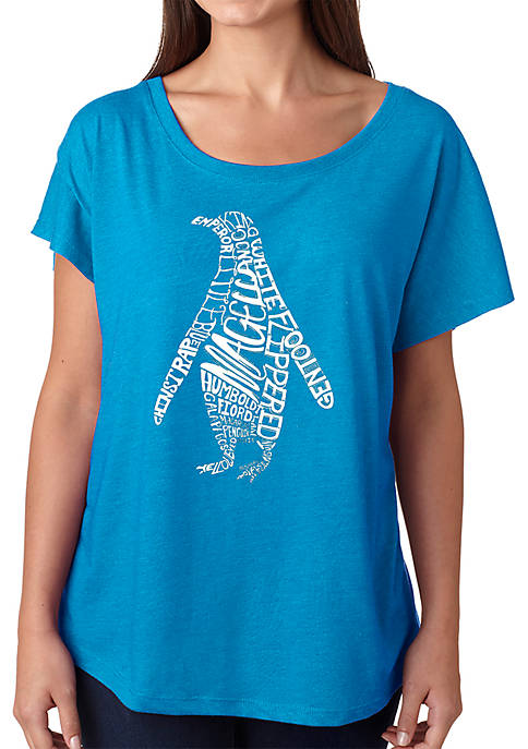 Loose Fit Dolman Cut Word Art T-Shirt - Penguin