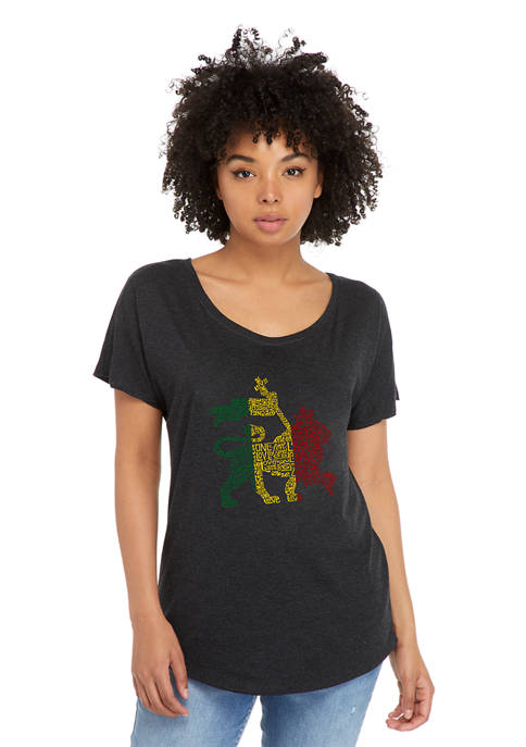 Loose Fit Dolman Cut Word Art T-Shirt - Rasta Lion - One Love