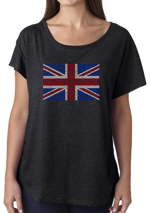 Womens Loose Fit Dolman Cut Word Art Graphic Shirt - God Save the Queen