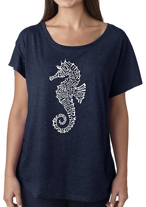 Loose Fit Dolman Cut Word Art T-Shirt - Types of Seahorses
