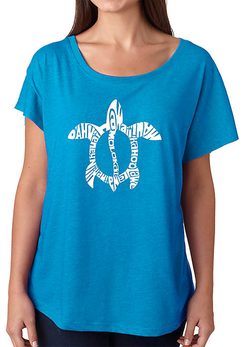 Loose Fit Dolman Cut Word Art T-Shirt - Honu Turtle - Hawaiian Islands