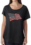 Womens Loose Fit Dolman Cut Word Art Graphic Shirt - American Wars Tribute Flag