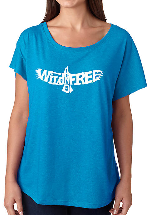 Loose Fit Dolman Cut Word Art T-Shirt - Wild and Free Eagle