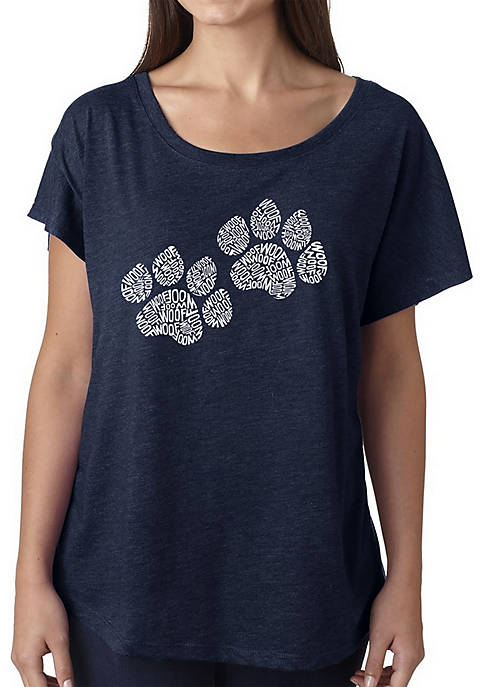 Loose Fit Dolman Cut Word Art T-Shirt - Woof Paw Prints