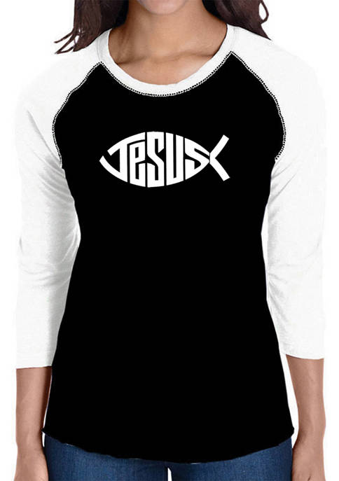 Womens Raglan Baseball Word Art T-Shirt - Christian Jesus Name Fish Symbol