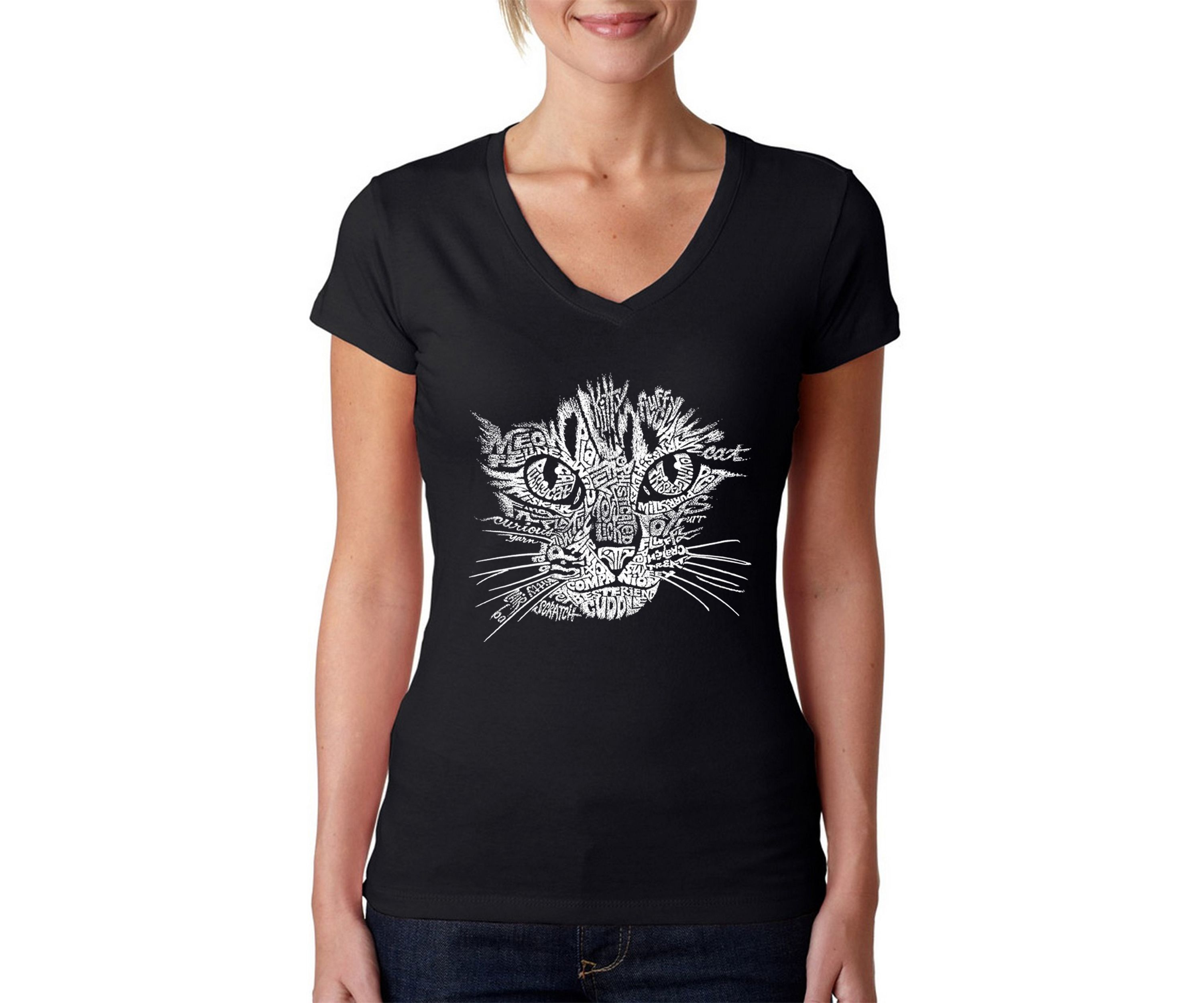 Word Art V-Neck T-Shirt - Cat Face