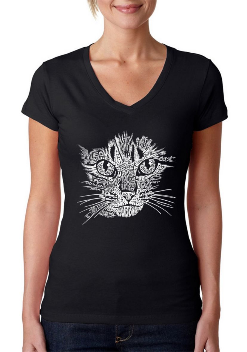 Word Art V-Neck T-Shirt - Cat Face