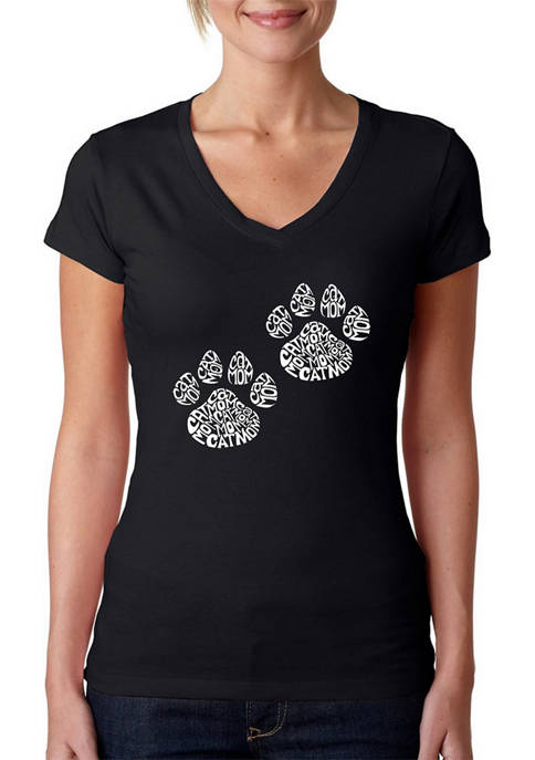 Womens Word Art V-Neck Graphic T-Shirt - Cat Mom