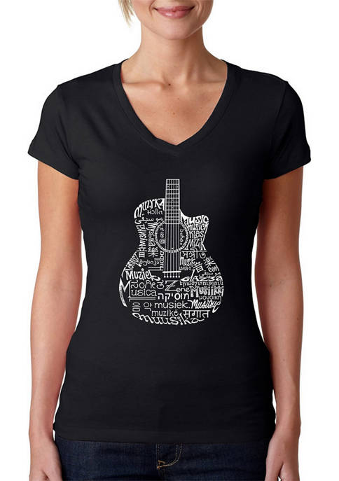 Womens Word Art V-Neck T-Shirt - Languages Guitar