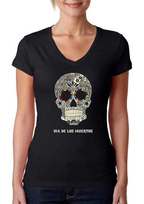 Womens Word Art V-Neck Graphic T-Shirt - Día de los Muertos