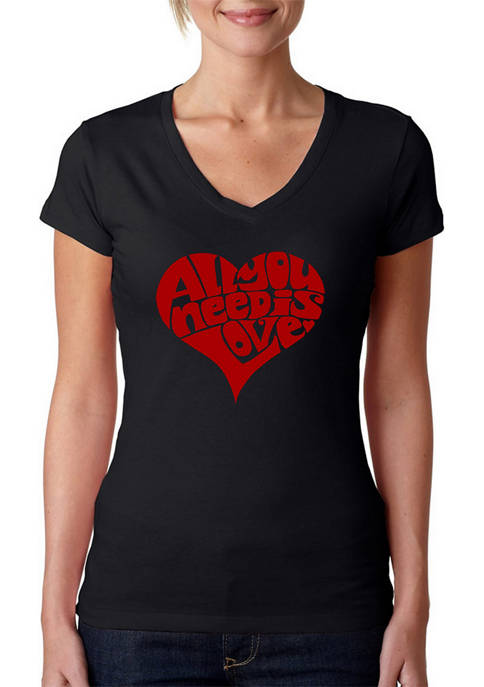 Womens Word Art V-Neck Graphic T-Shirt - All You Need is Love