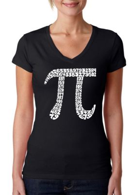 LA Pop Art Women's Word Art V-Neck T-Shirt - The First 100 Digits of Pi, Black, Medium