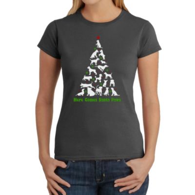 LA Pop Art Here Comes Santa Paws - Women's Word Art T-Shirt, Gray, XS