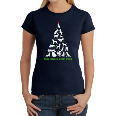 LA Pop Art Here Comes Santa Paws - Women's Word Art T-Shirt, Blue, XS