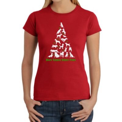 LA Pop Art Here Comes Santa Paws - Women's Word Art T-Shirt, Red, XS