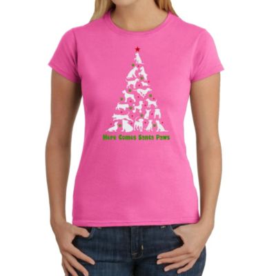 LA Pop Art Here Comes Santa Paws - Women's Word Art T-Shirt, Pink, XS