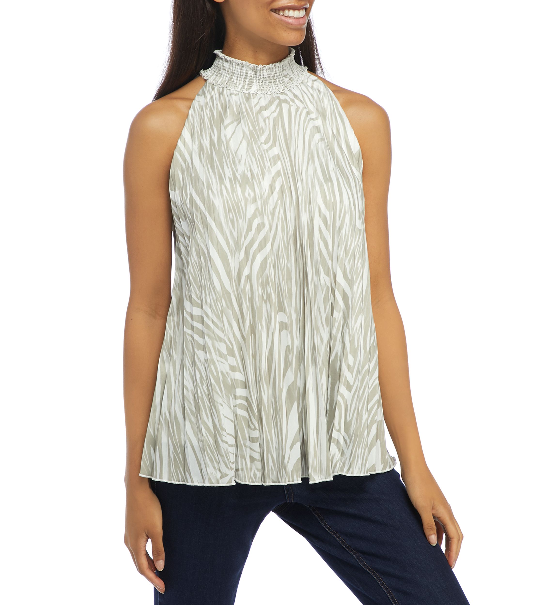 Womens Sleeveless Pleated Halter Neck Palm Print Top