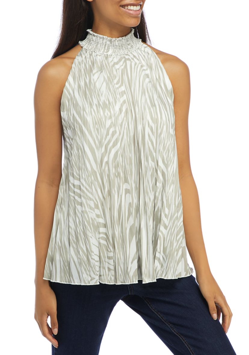 Womens Sleeveless Pleated Halter Neck Palm Print Top
