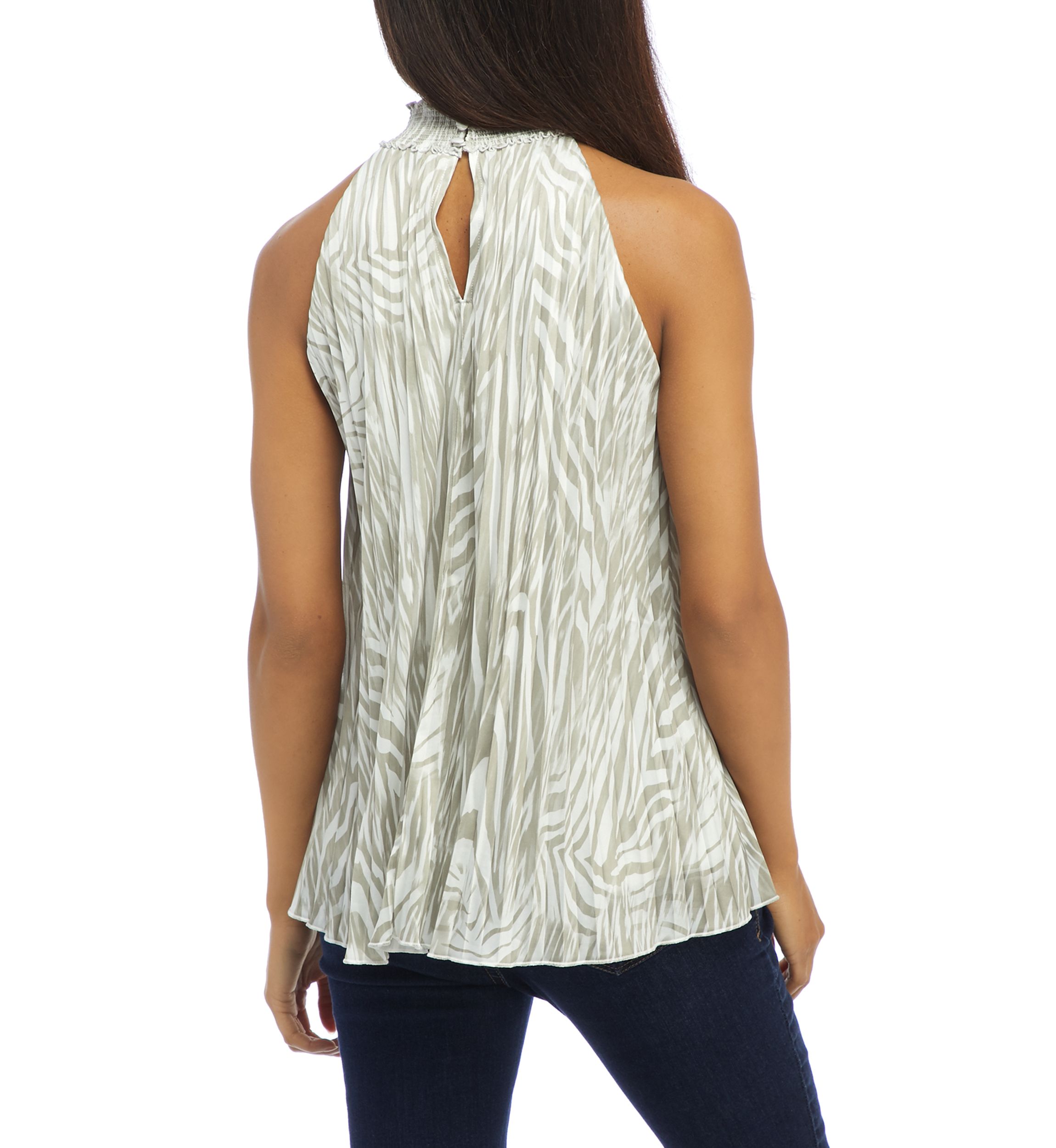 Womens Sleeveless Pleated Halter Neck Palm Print Top