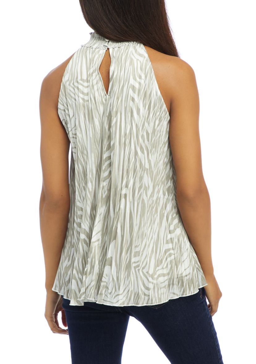 Womens Sleeveless Pleated Halter Neck Palm Print Top