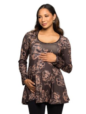 24seven Comfort Apparel Women's Maternity Brown Floral Print Long Sleeve Tunic Top