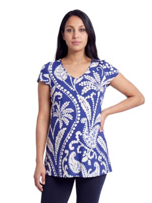 24seven Comfort Apparel Women's Basic Maternity Paisley Print V Neck Short Sleeve Flared Tunic Top