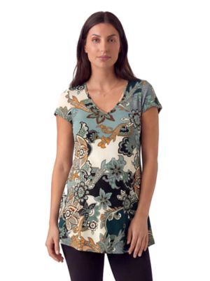 24seven Comfort Apparel Women's Basic Maternity Floral Print V Neck Short Sleeve Flared Tunic Top