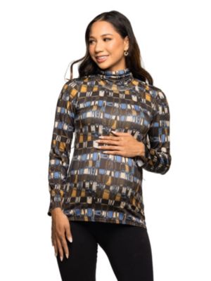 24seven Comfort Apparel Women's Maternity Mock Neck Long Sleeve Printed Top