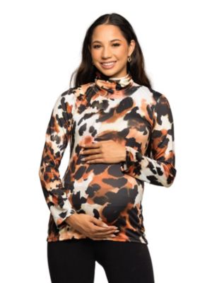 24seven Comfort Apparel Women's Maternity Long Sleeve Turtleneck Top Animal Print