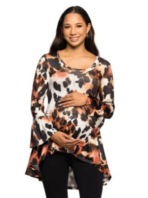 24seven Comfort Apparel Women's Maternity Scoop Neck Bell Sleeve Tunic Top Animal Print