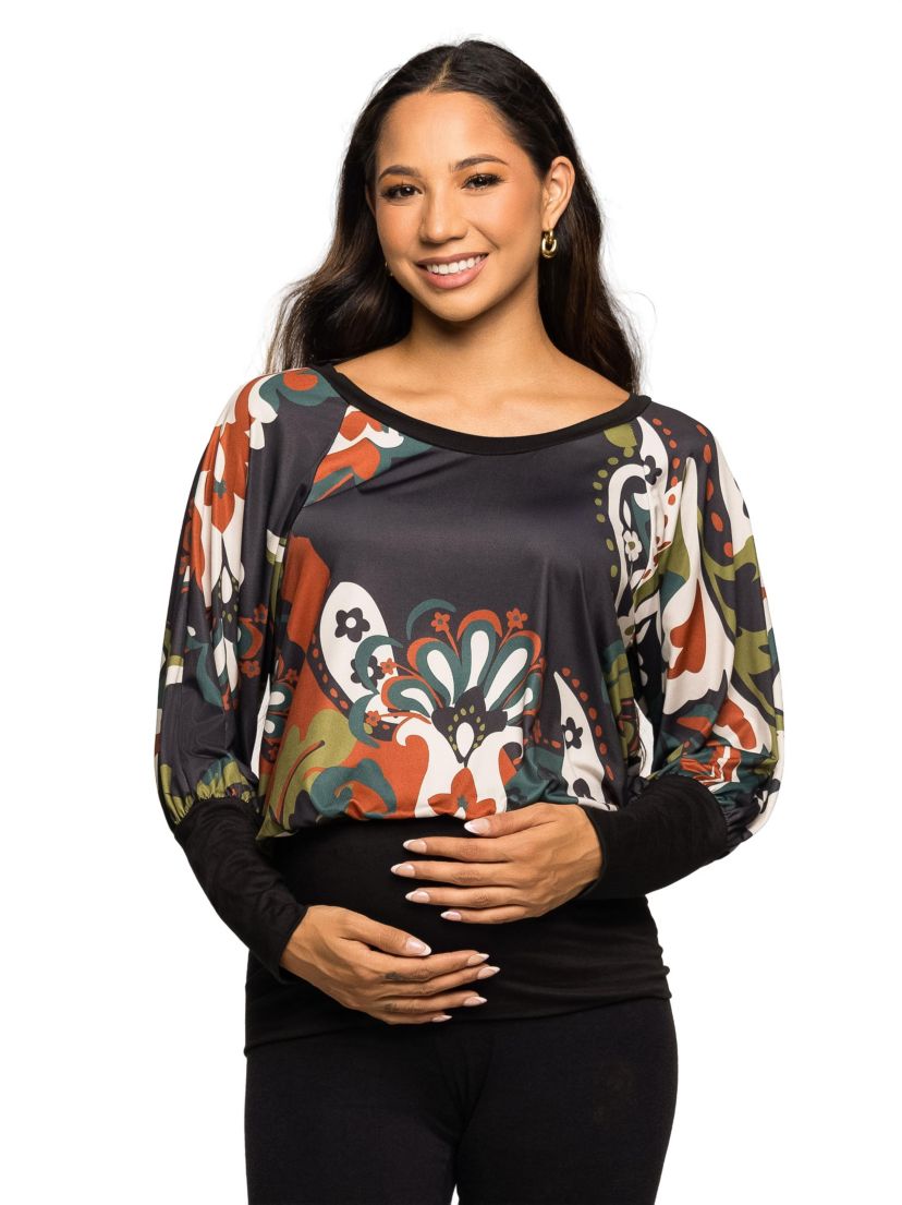 Maternity Paisley Multicolor Print Dolman Sleeve Banded Top