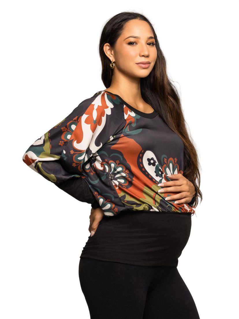 Maternity Paisley Multicolor Print Dolman Sleeve Banded Top