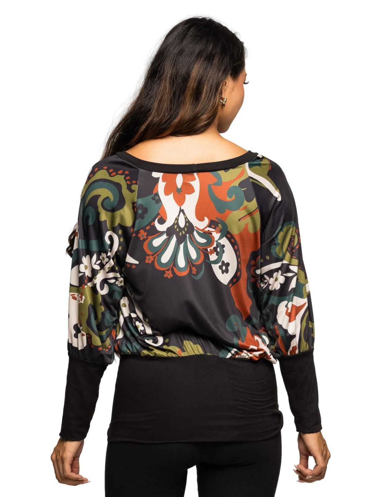 Maternity Paisley Multicolor Print Dolman Sleeve Banded Top